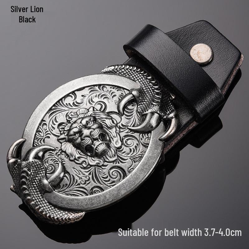 Tiger Head Alloy Western Cowboy Leather Belt with Smooth Buckle