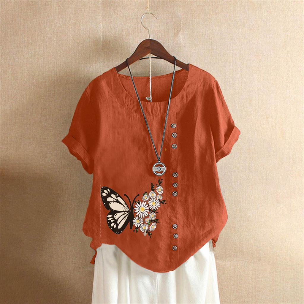 Summer Oversized Cotton and Linen Short-sleeved T-shirt, Cotton and Linen Butterfly Flower Printed Oversized Women's Clothing