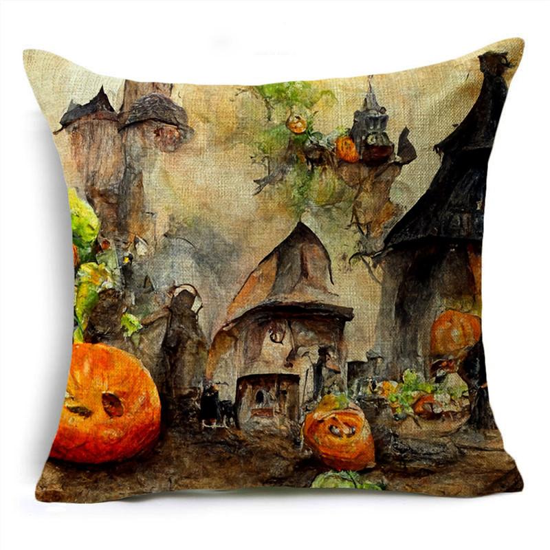 Halloween Interesting Pumpkin Lantern Series Castle Linen Throw Pillowcase Decorative Cushion Cover For Sofa Livingroom Party