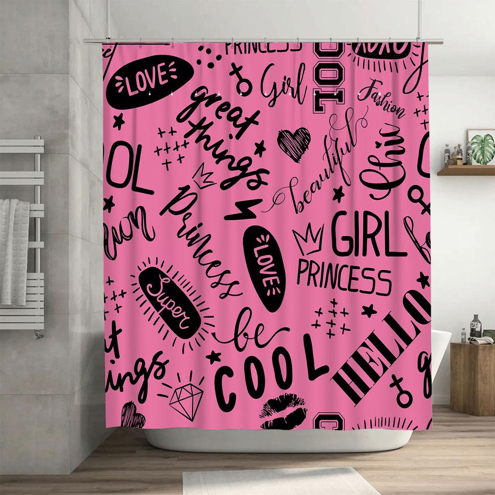 Pink Black Letter Print Shower Curtain Waterproof Bathroom Decor Custom Size Available Fashion Home Accessories .com :
