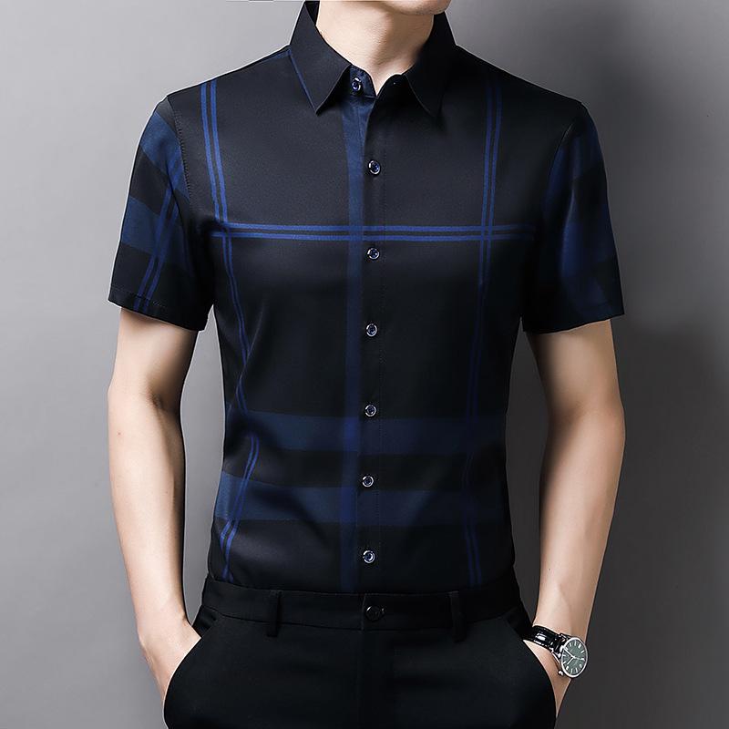 Pánská letní košile s krátkým rukávem a proužky, slim fit - Trendový ležérní styl s límečkem pro muže středního věku