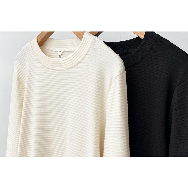 Plus Size Women Striped Jacquard Long Sleeve Casual Base Inner Top