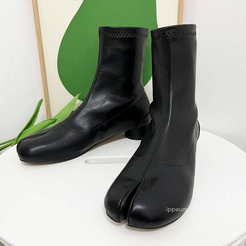 IPPEUM Damskie Botki Buty z Dzielonym Palcem Czarna Skóra PU Okrągły Obcas 3 CM 2024 Nowe Duże Rozmiary 43 Jesień Zima Botki