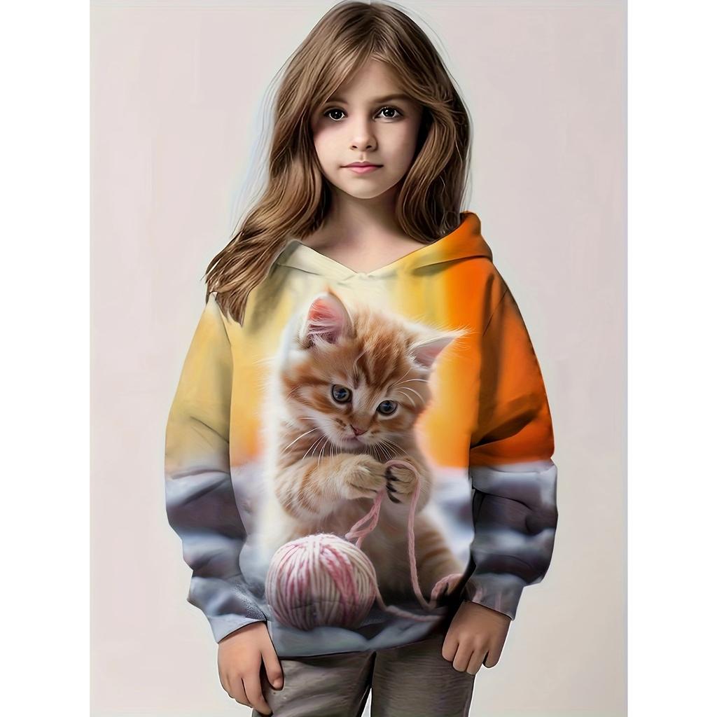 Kids Clothes Girl Hoodies Long Sleeve Cute 3D Cat Print Children Spring Fall Clothes Casual Cartoon Outdoor Girl Clothes Tops