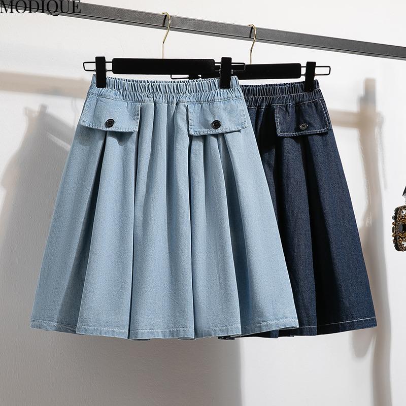 MODIQUE 2025 Nou Mărimi Mari Vară Femei Bumbac Elastic Spălare Pantaloni Treisfert Albastru Denim Fustă Plisată Dama Pantaloni Scurți Basic Casual Largi