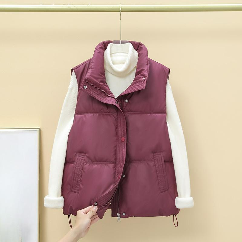 Down Cotton PU Disposable Vest Women's 2024 Autumn and Winter Fashion Stand-up Collar Warm Loose Cotton Waistcoat Outer Wear Vest