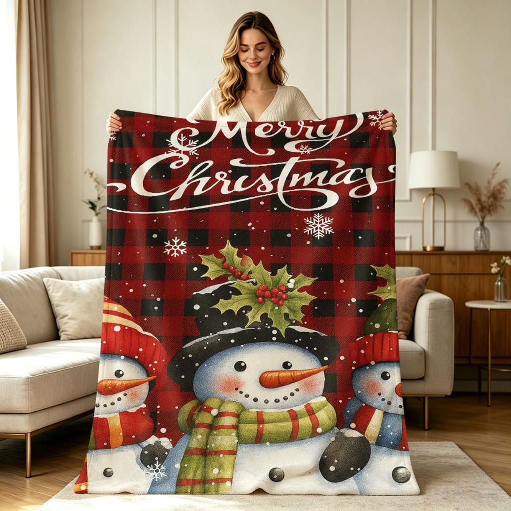Soft Warm Cozy Flannel Christmas Snowman Plaid Throw Blanket All Season Buffalo Check Holiday Decorative Blanket for Sofa Couch Living Room Bedroom Of