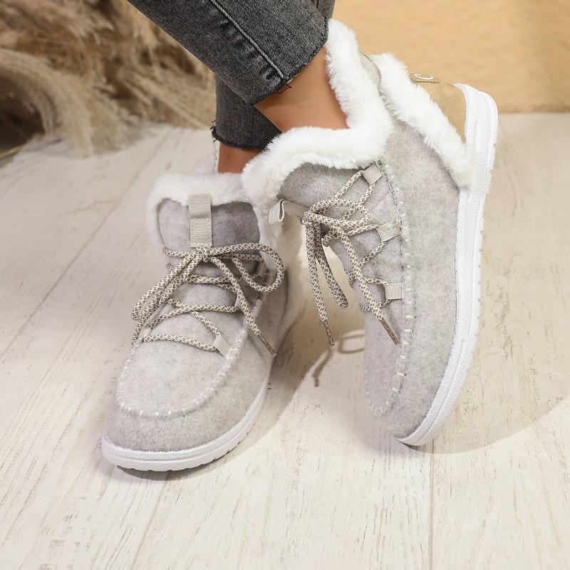 Herbst und Winter neue große Größe flacher Absatz runde Spitze flauschige Baumwollschuhe zum Schnüren Fleece thermisch lässige Damen Schneestiefel Damen