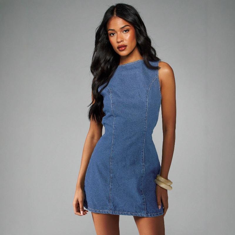 Denim dress magic spinning autumn three color long zipper European and American JEANS autumn solid color thin
