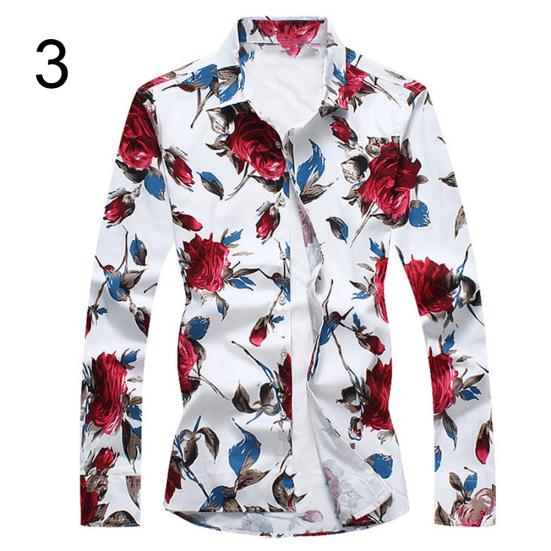 Plus Size Men's Flower Print Slim Fit Shirt Turn Down Collar Long Sleeve Top