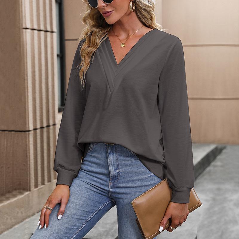 Spring and Autumn V-neck Loose White Shirt for Women Fashion Long Sleeve Solid Casual Blouse Women Elegant Simple Ladies Pullover Shirts Tops 24766