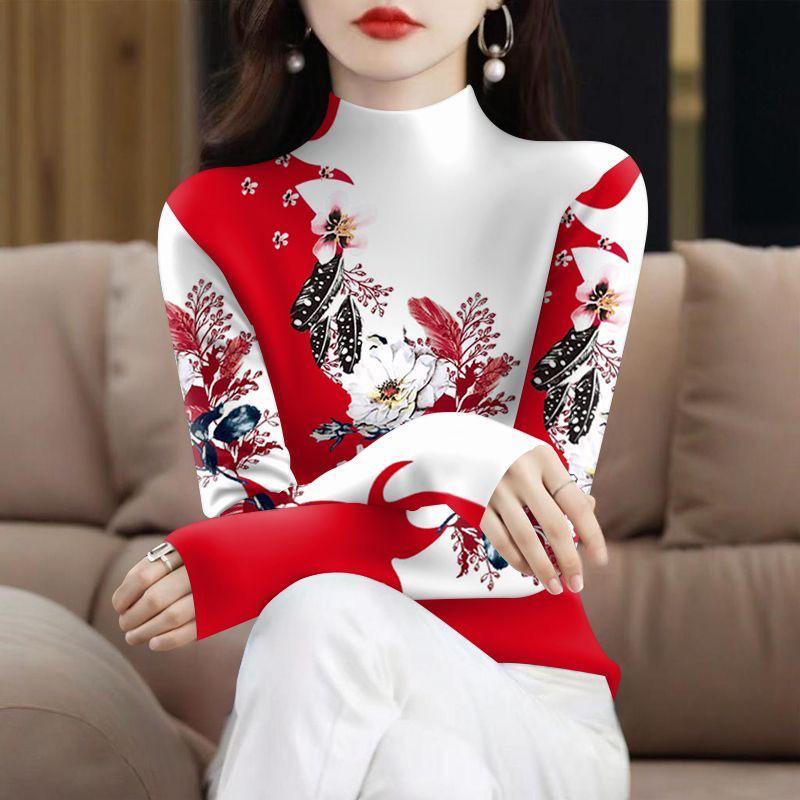 Plus Velvet Thickened Long Sleeve High Collar Printed Top for Middle-aged & Elderly Women – Tummy Covering, Spring/Autumn Fashion