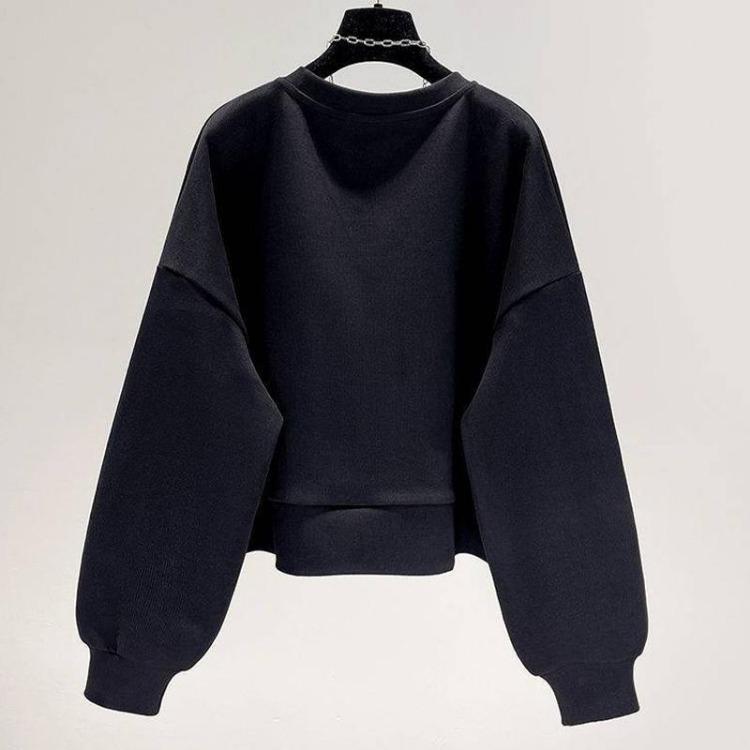 Women Loose Round Neck Long Sleeve Pullover Sweatshirt Top with Zipper Pocket Short