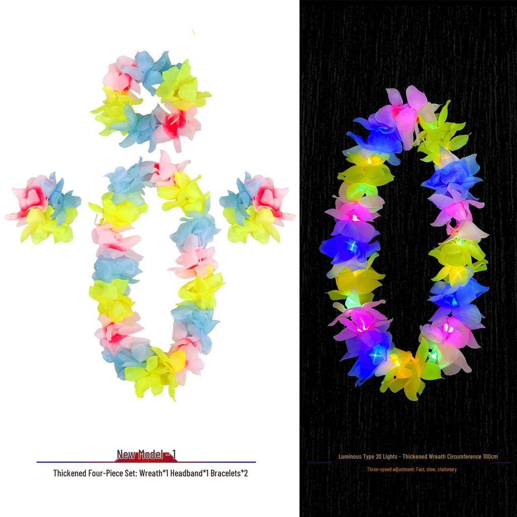 Hawaiian Luminous Flower Garland & Hula Skirt Set - Summer Costume Accessories for Annual Stage Events