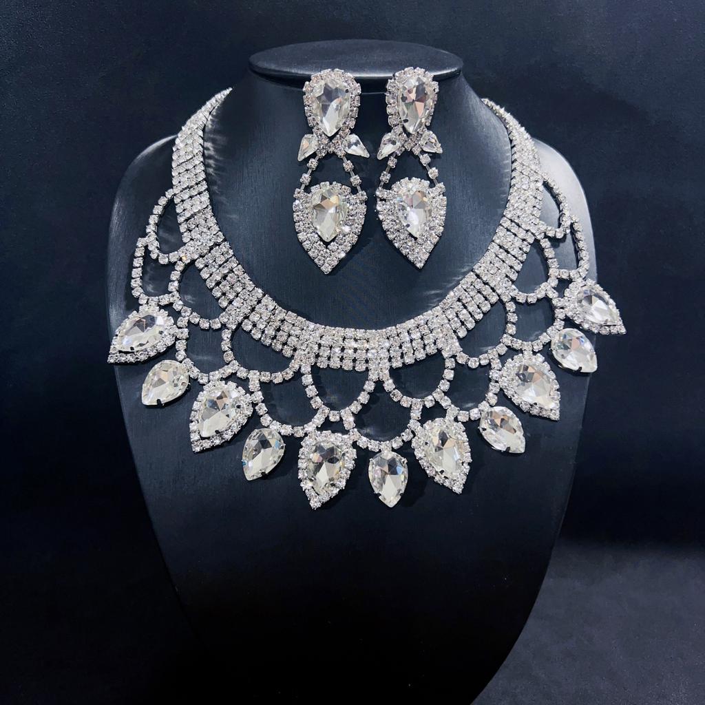 New Fashionable European and American Exaggerated Handmade Rhinestone Colored Crystal Necklace Earring Set Bridal Dress Jewelry