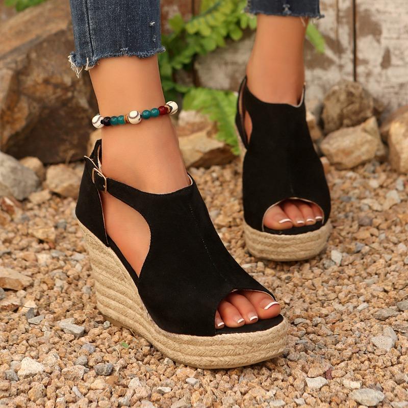 Fashion Slope Heel Sandals Summer New Round Head Open Toe Hollow Metal Buckle Waterproof Platform Non-slip Fish Mouth Heels