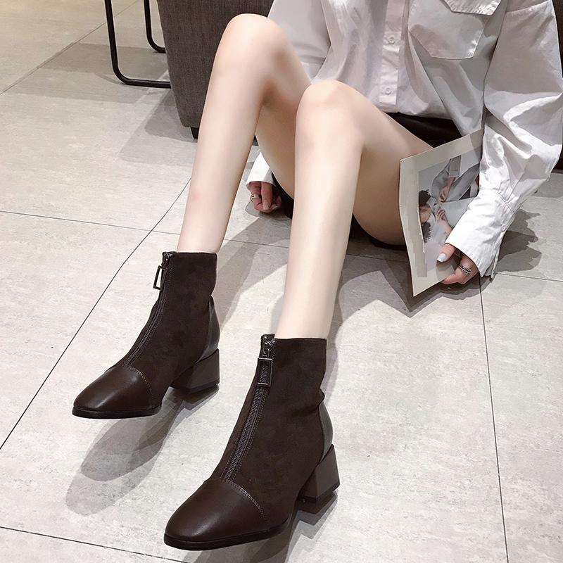 Women's Fashion Mid Boots Fashionable Boots with Front Zipper Thick Heel Suede Midsole Boots Leather Shoes Women's Shoes 35-40