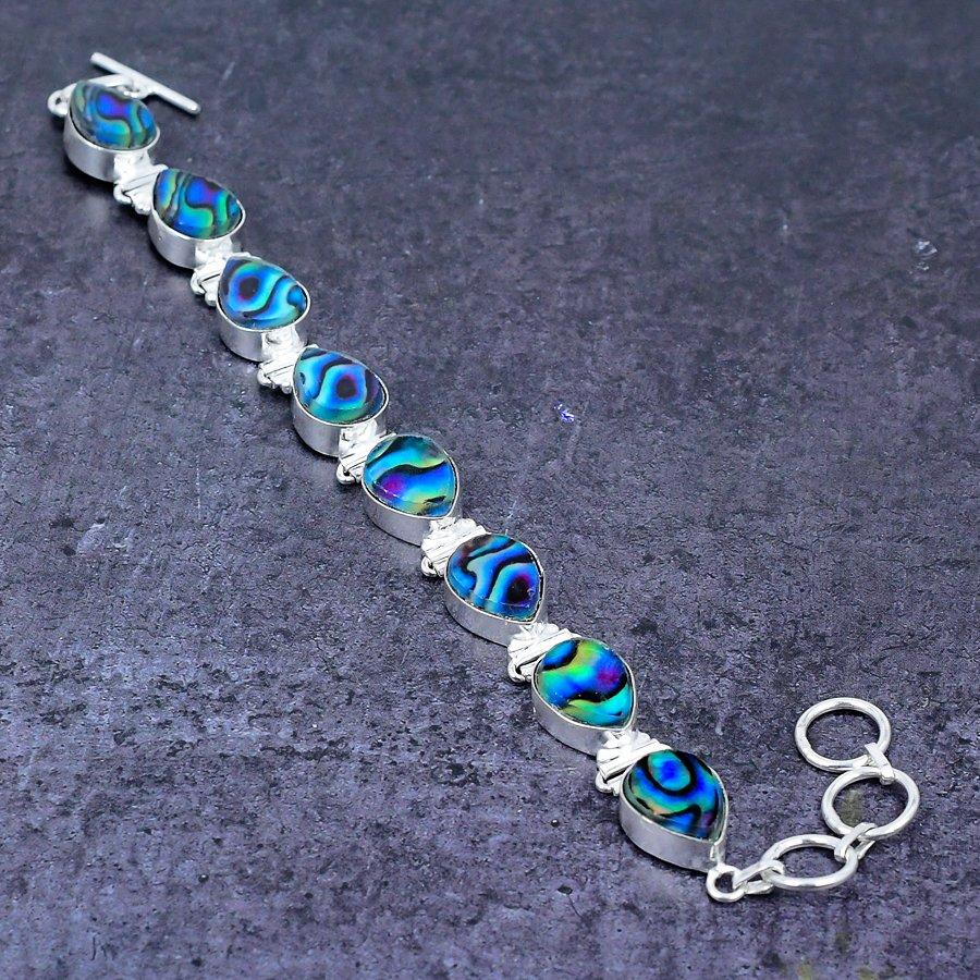 Natural Abalone Shell Gemstone Handmade 925 Sterling Silver Bracelet 7-8" ETC-14463