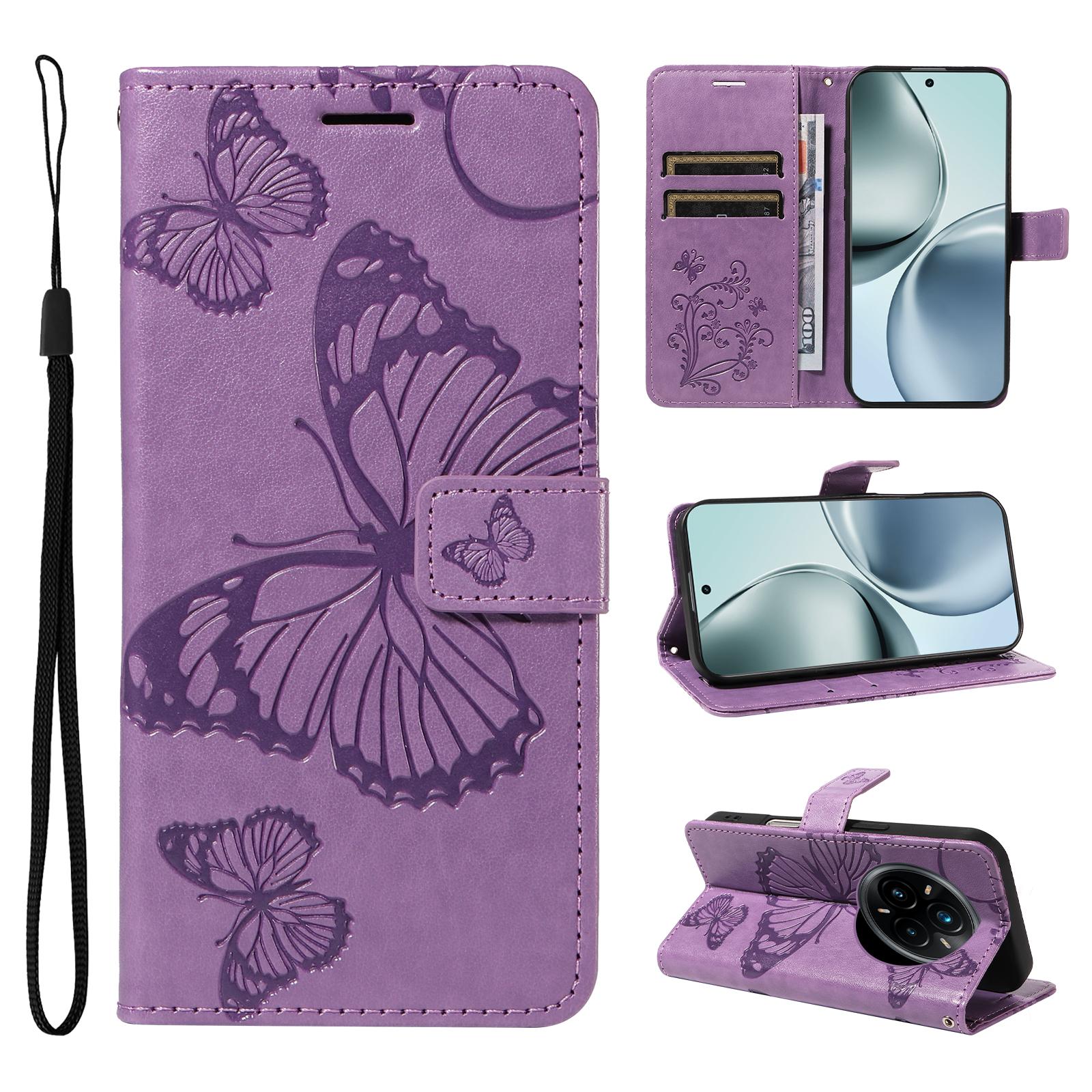 

For Realme 14 Pro+ 5G Wallet Case Floral Butterfly Imprinted Leather Phone Cover Stand Light Purple