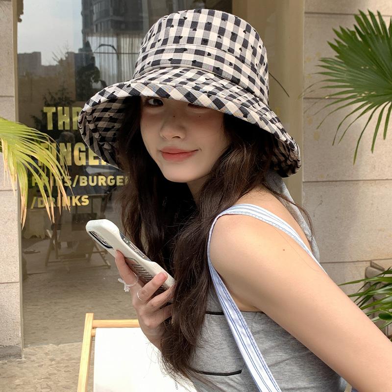 Love plaid bucket hat women's spring summer versatile washbasin hat big brim sunshade sunscreen hat tide
