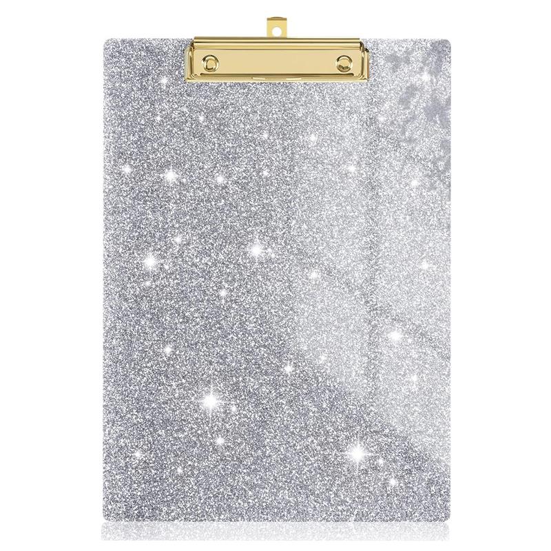 Glitter Acrylic Clipboard with Pen Holder, Cute Clear Clip Board for Office School Supplies, Small Clipboards with Low Profile Clip серебряный