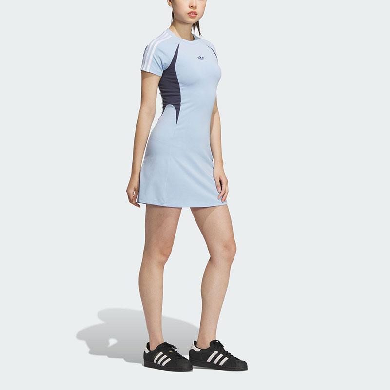 Adidas Originals Jersey Short Sleeve Dress Striped Color Block Athletic Slim Fit Knit Women Dresses Bright-Blue Midnight-Gray JD1136