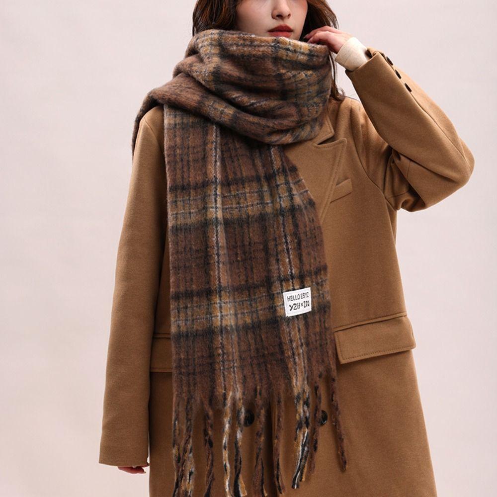 Mohair Plaid Wool Scarf Tassel Long Shawl Retro Winter Cashmere Scarves  Student