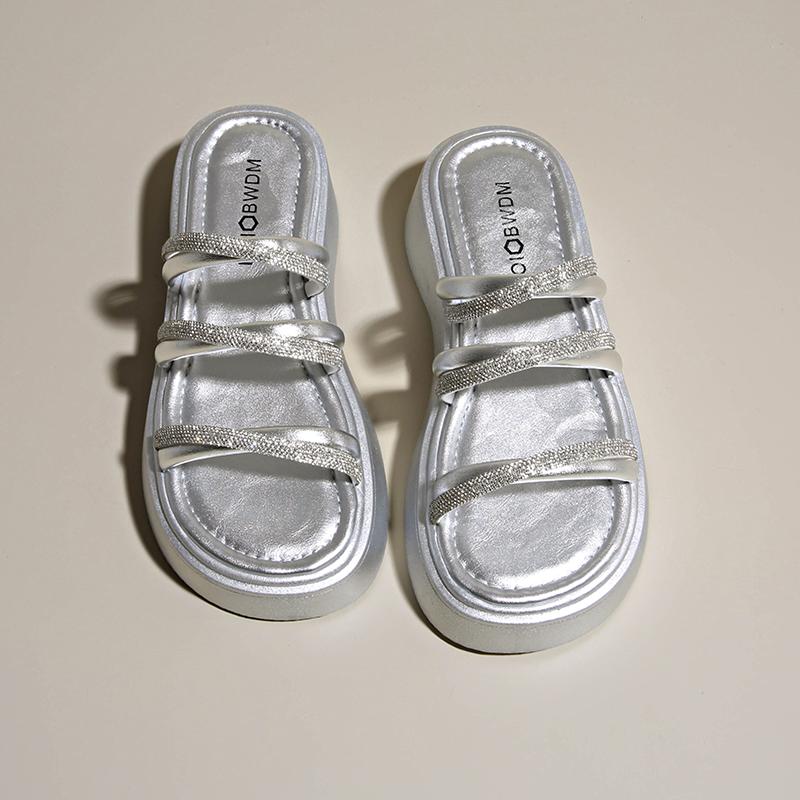 CRLAYDK Womens Platform Sandals Outdoor Summer Leather Casual Slides Rhinestone Strappy Slip On Beach Ladies Walking Slippers