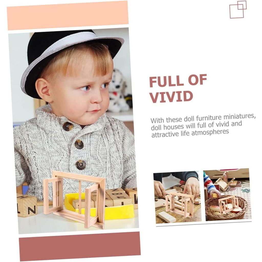 2 Pieces Dollhouse Window Toddler Toy Miniature Gnome Door Undyed Wood Window Games Fairy Garden Accessories Toddler Ornament Toy