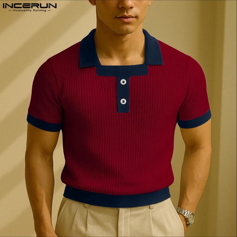 INCERUN Men Stitching Square Neck Short Sleeve Casual Woke Wear Rib T-shirts Tops