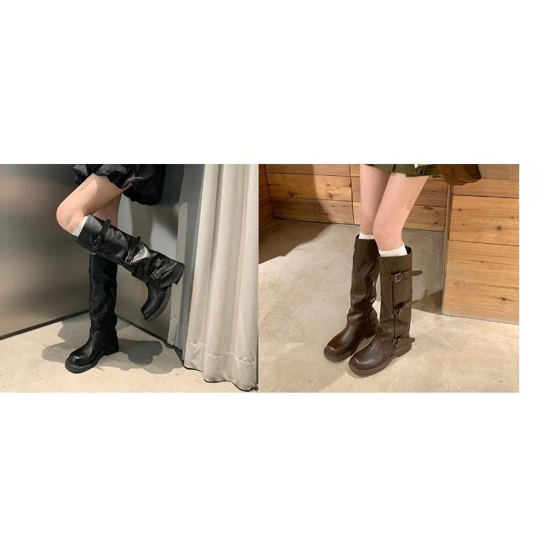 Round-toed Retro Thick-soled Trouser Boots Women's Shoes, New Niche Long Boots, Pleated Pile Boots, Long Boots