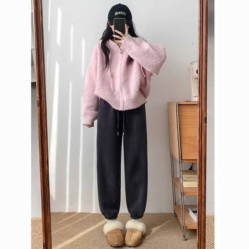 Pink Fleece Sports Pants for Women Autumn and Winter Thick Warm Cotton Pants Small Stature Ankle Binding Fleece Sanitary Pants