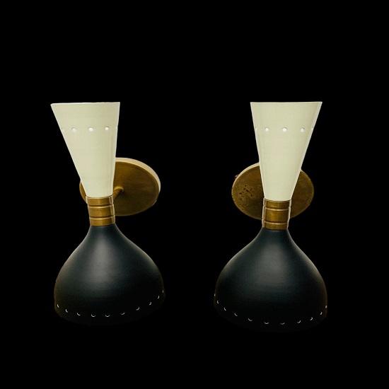 1950's Mid Century Brass Italian Diabolo Wall Sconces Shiny White and Black Wall Sconce Light Fixture Bulb Pair Custom Wall Sconce