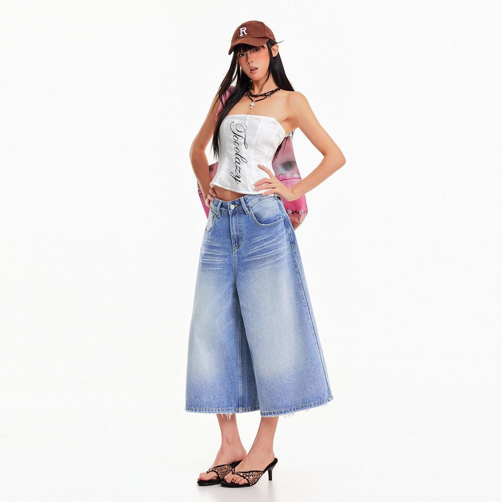 Pantaloni Capri in Denim Larghi Pieghettati Corti Estivi Vintage alla Moda per Donna Versatili Larghi Dritti Snellenti Casual Pantaloni Capri
