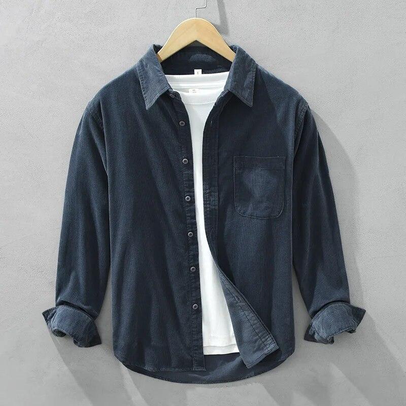 Korean Fashion Men Tops Spring/Autumn Daily Casual Long Sleeve Pure Cotton Shirts Square Collar Corduroy Solid Color Shirt Simple Style Men Clothing