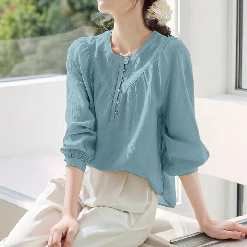 ZANZEA Women Casual Round Neck Solid Color Long Sleeve Cover Up Blouse