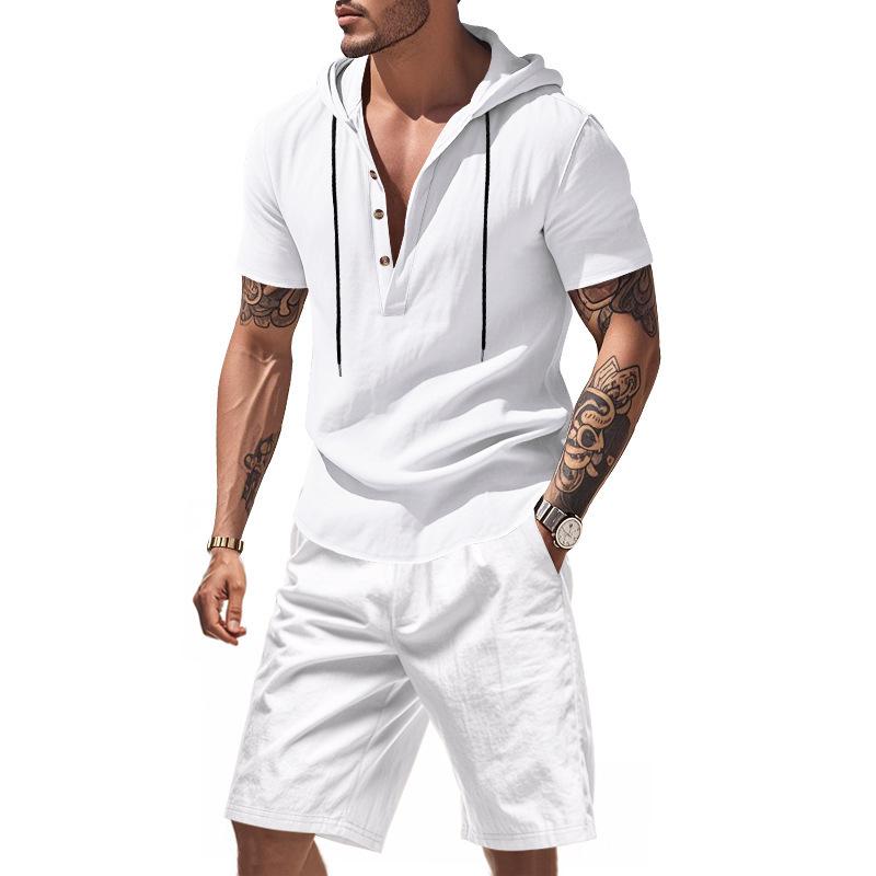 Men's Casual Linen Breathable Hooded Henley Shirt and Shorts Set