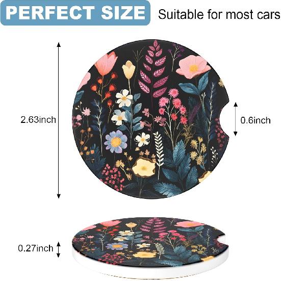 2 Pack Car Cup Holder Coasters, 2.63 Inch Anti Slip Ceramic Absorbent Coaster with Cork Base and Finger Notch, Cute Car Accessories Interior for