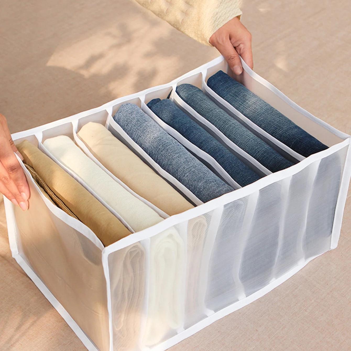 

1 шт. - 7 секций Коробка для хранения джинсов Шкаф Гардероб Отделения для одежды Ящики Органайзер для разделения джинсов и носков Хранение брюк