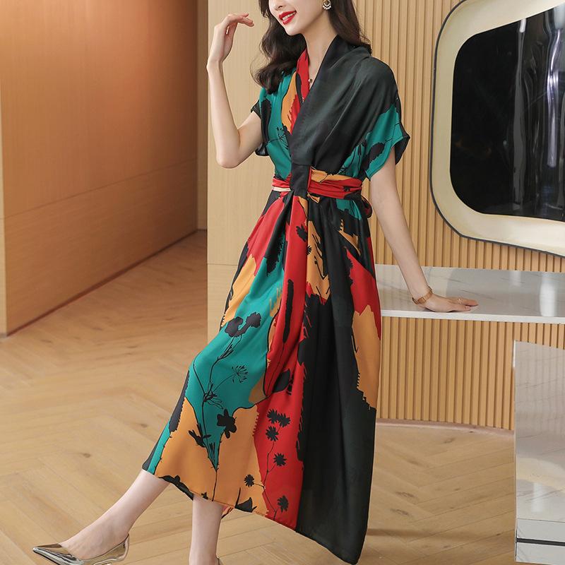 Vestido Francés de Mujer Verano Manga Corta Temperamento Estampado Vestido de Gran Vuelo