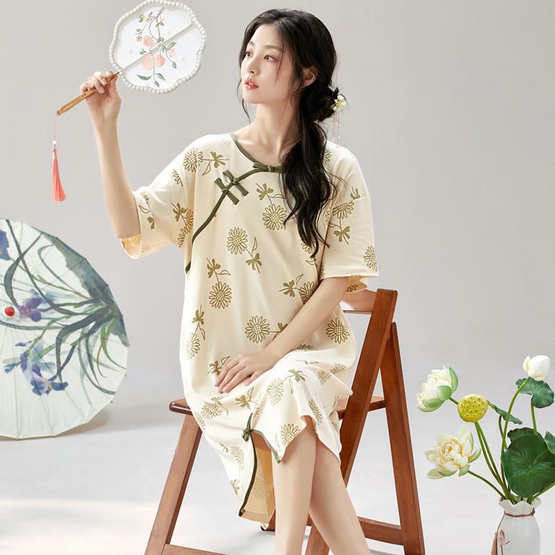 

Summer Large Size Vintage Printed Night Dress Women Short Sleeve Cotton Sleep Shirt Loose Ladies Nightwear Nightgowns XXL