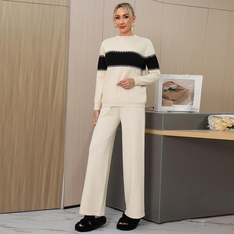 Contrasting Color Splicing Semi-turtleneck Women's Autumn and Winter Lazy Loose Pullover Knitting Two-piece Set