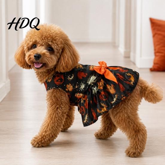 Pet Princess Skirt Funny Halloween Dog Dress Pumpkin Bat Spider Ghost Print Festive Costume for Photos Apparel Puppy with Bow Small Dogs Cats Soft