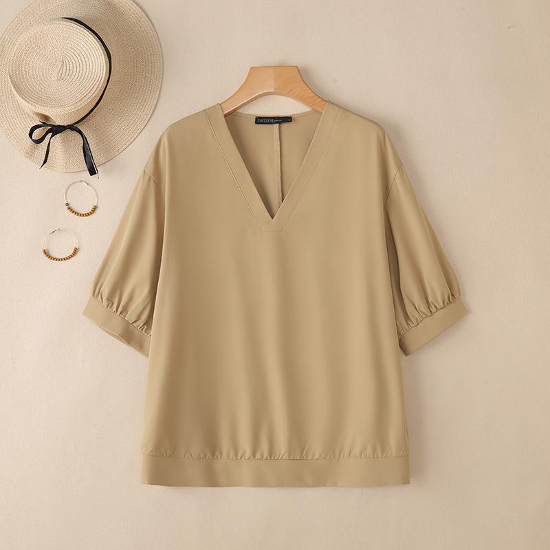 

ZANZEA Women Casual V-Neck Loose Solid Color Half Sleeve Blouse S