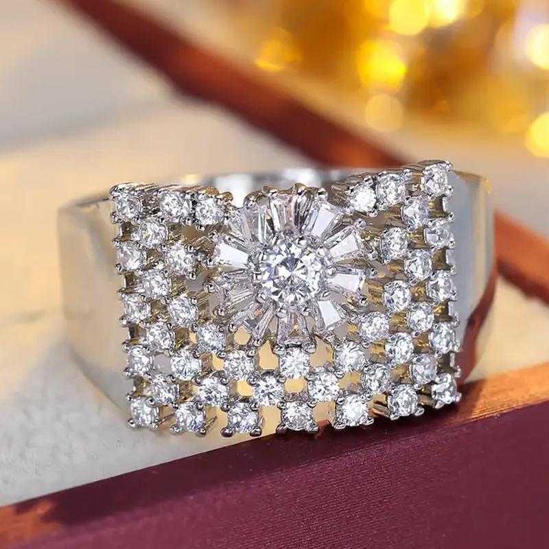 

Huitan Brilliant Cubic Zirconia Ring for Women Gold Color/Copper Color Finger Zircon Wide Band Accessories for Engagement Party 7