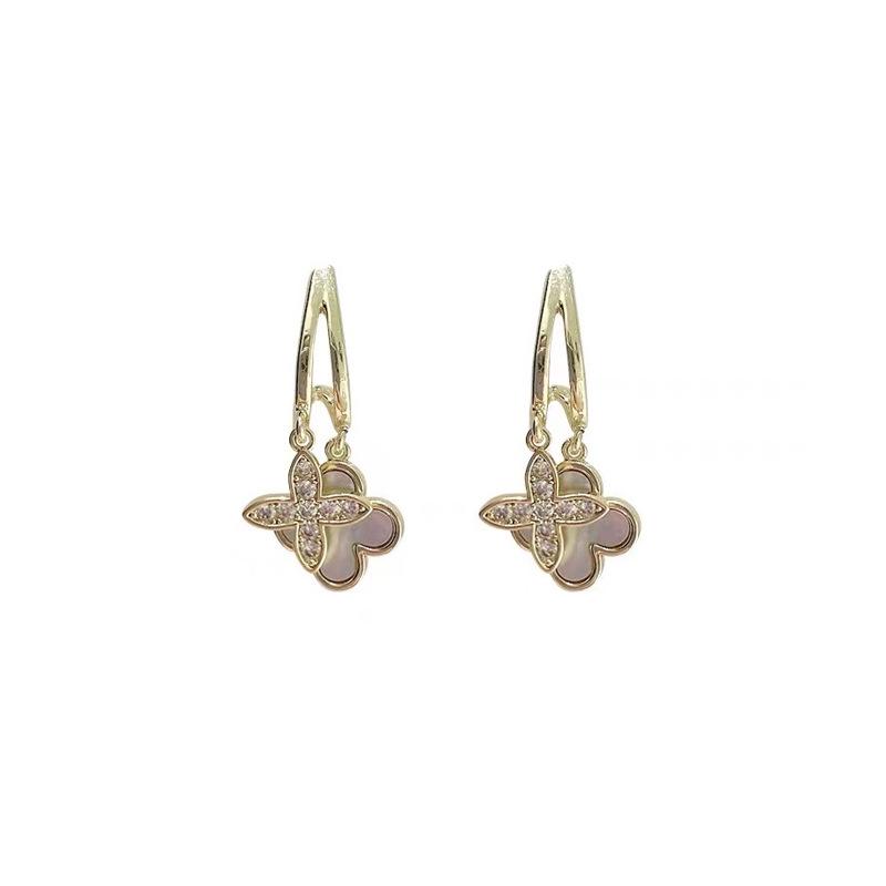 Korean Double Layer Mother-of-Pearl Clover Dangle Earrings - Elegant and Unique Stud Ear Jewelry