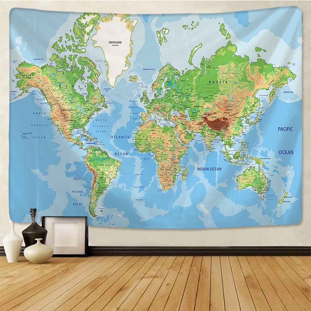 1 Pc World Map Tapestry High-Definition Map Fabric Wall Hanging Decor Watercolor Map Letter Polyester Table Cover Yoga Beach Towel