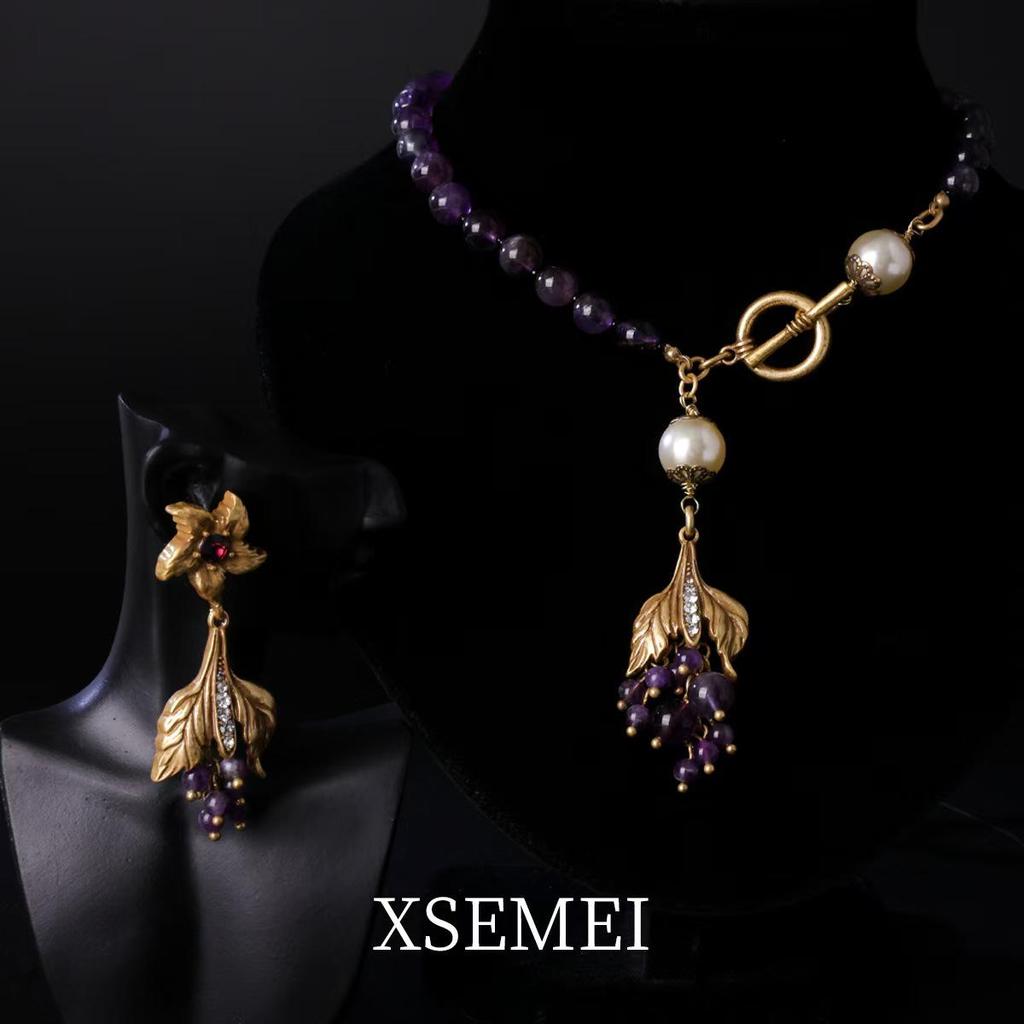 Vintage Purple Crystal Necklace & Earrings Set