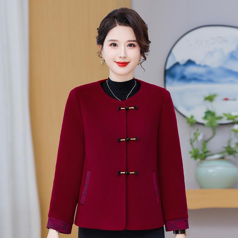 

Мода 2025 Весенняя верхняя одежда для женщин среднего и пожилого возраста - Новый китайский стиль, Элегантный весенне-осенний топ 3XL (120-130 jin) вино красного