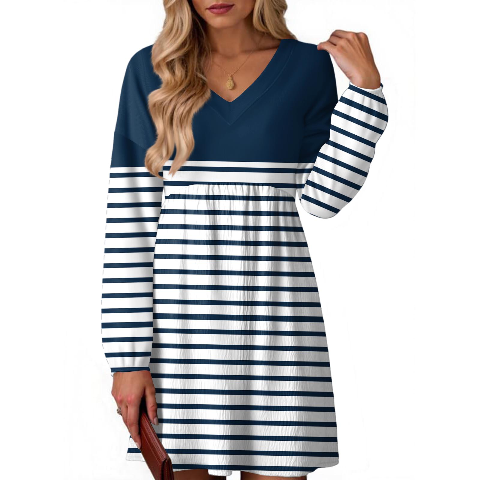 

Women s Fashion Striped V-Neck Long Sleeve Dress M